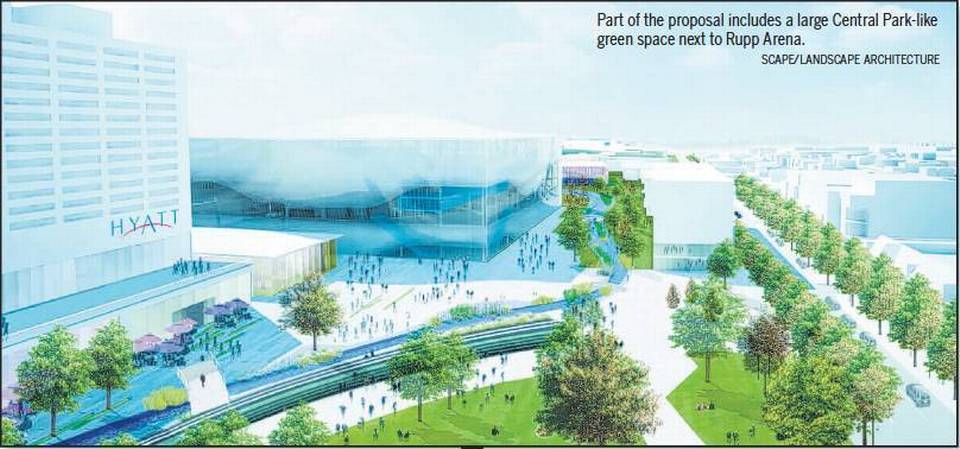 Part of the proposal includes a large Central Park-like green space next to Rupp Arena. 
